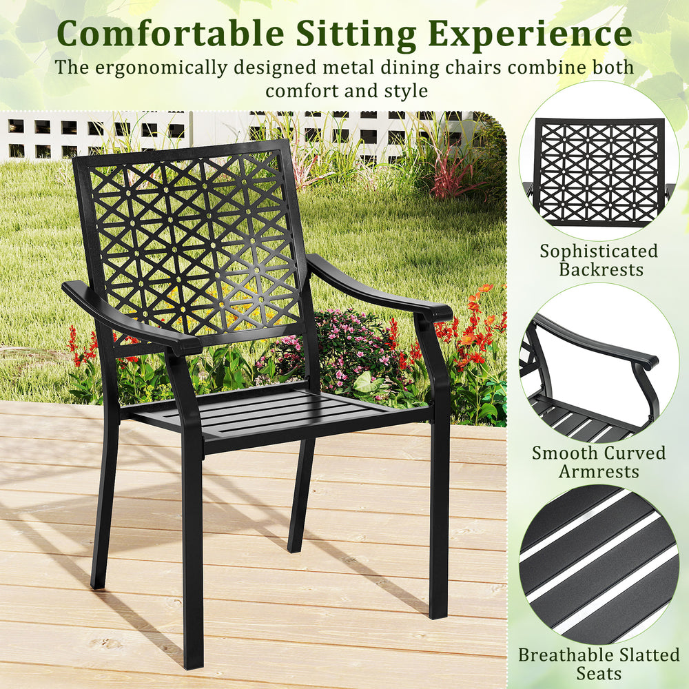 Set of 2 patio dining chairs with curved armrests, high backrest, and breathable slatted seats for outdoor comfort.