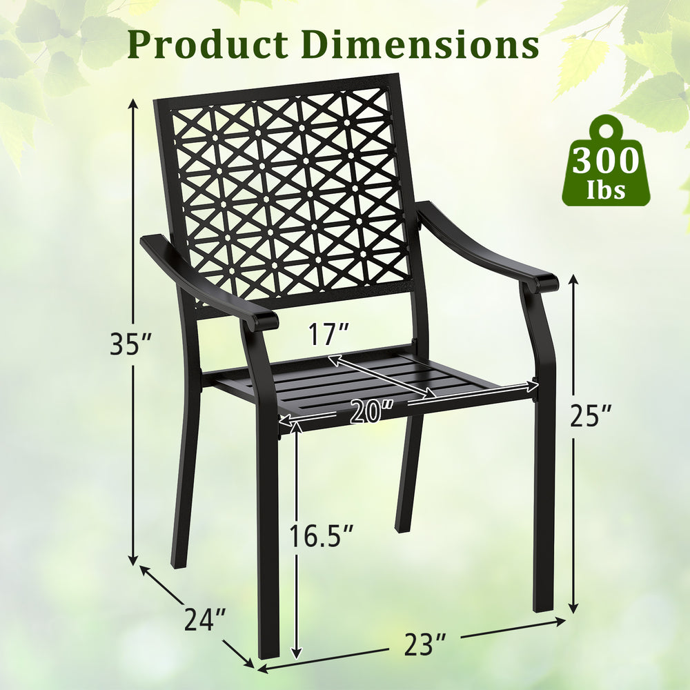 Dimensions of a patio dining chair with curved armrests, reinforced steel frame, and a 300 lbs weight capacity.