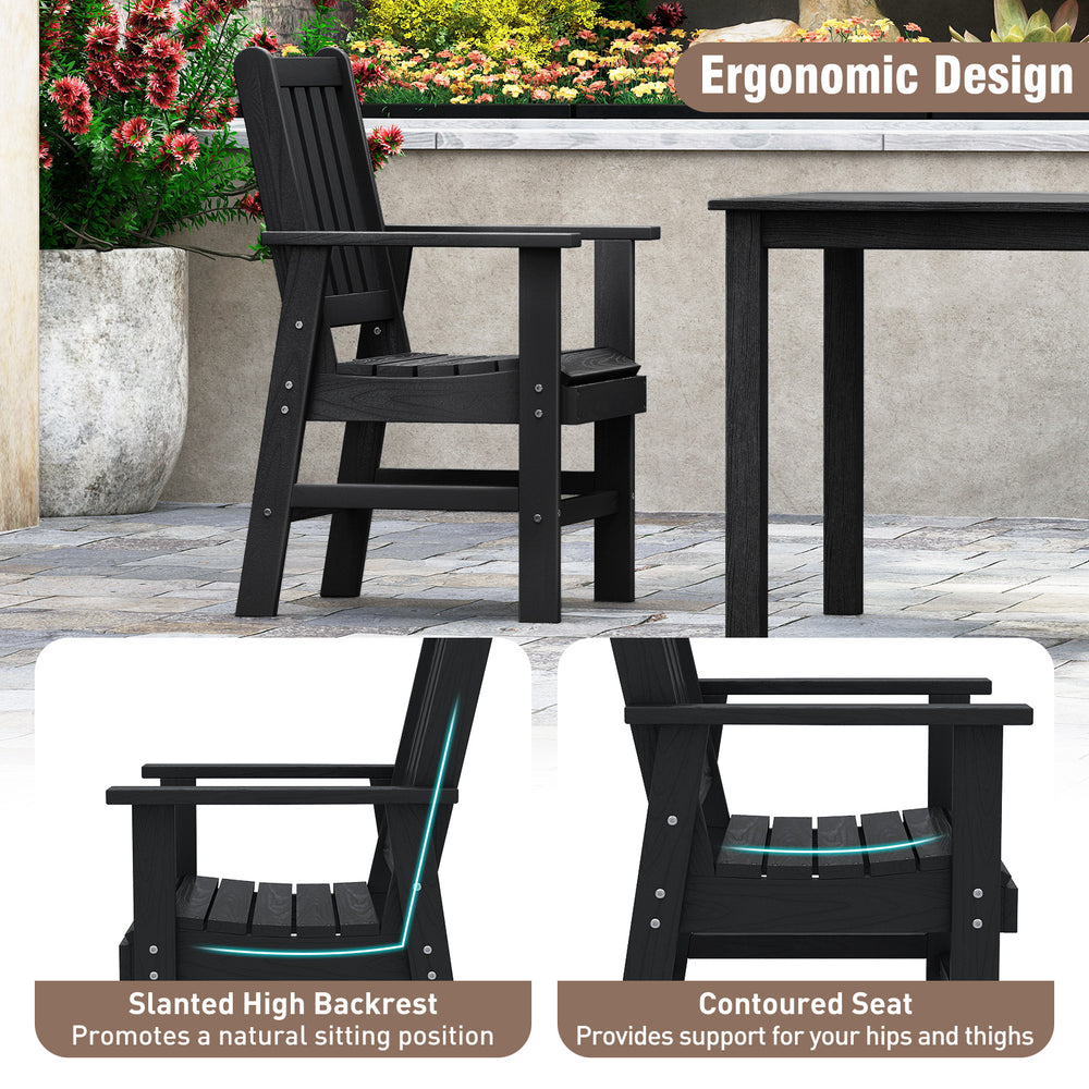 Black patio dining chair with wide armrests and slanted high backrest, made of premium HDPE for outdoor comfort.