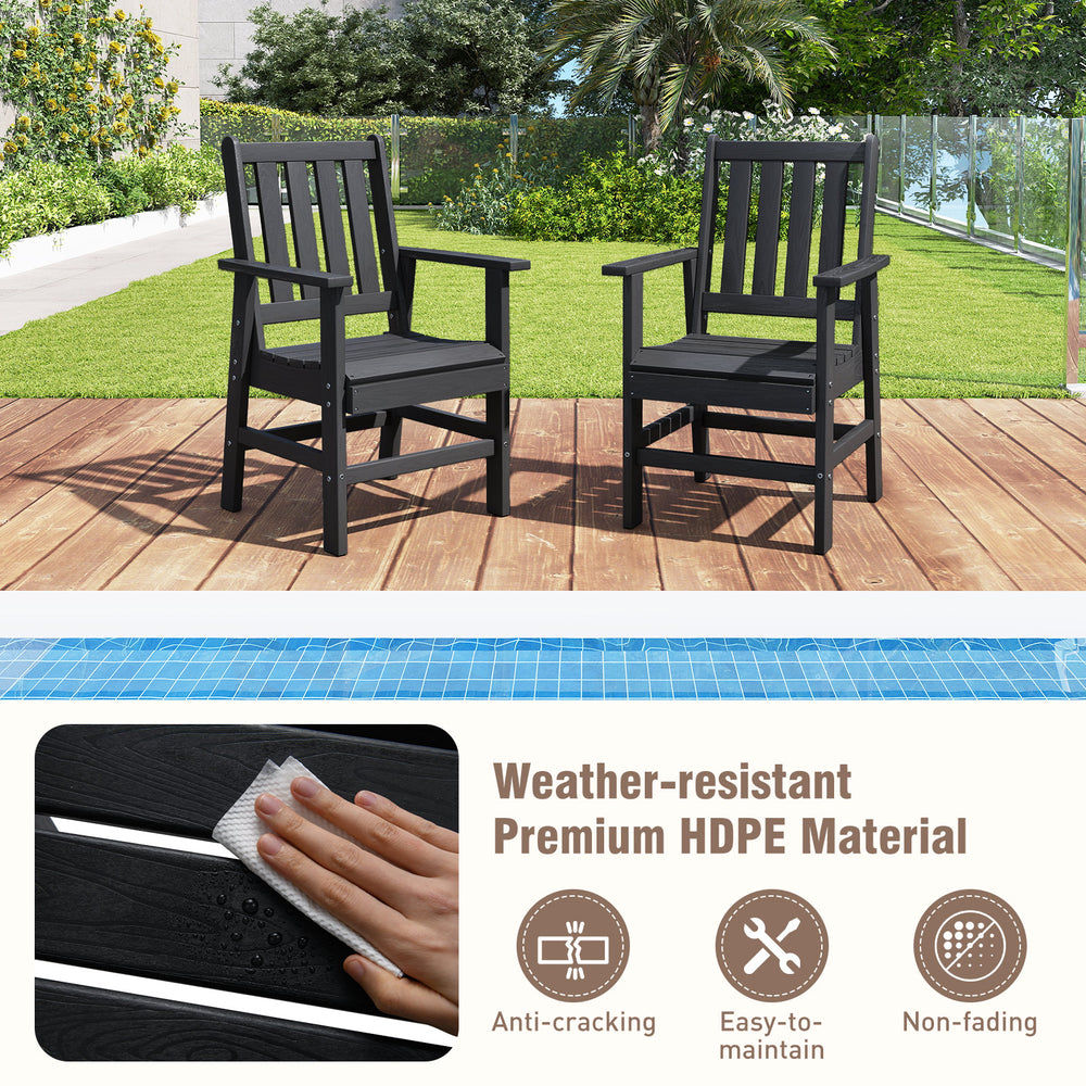 Set of 2 black patio dining chairs with wide armrests, made from weather-resistant HDPE material for outdoor use.