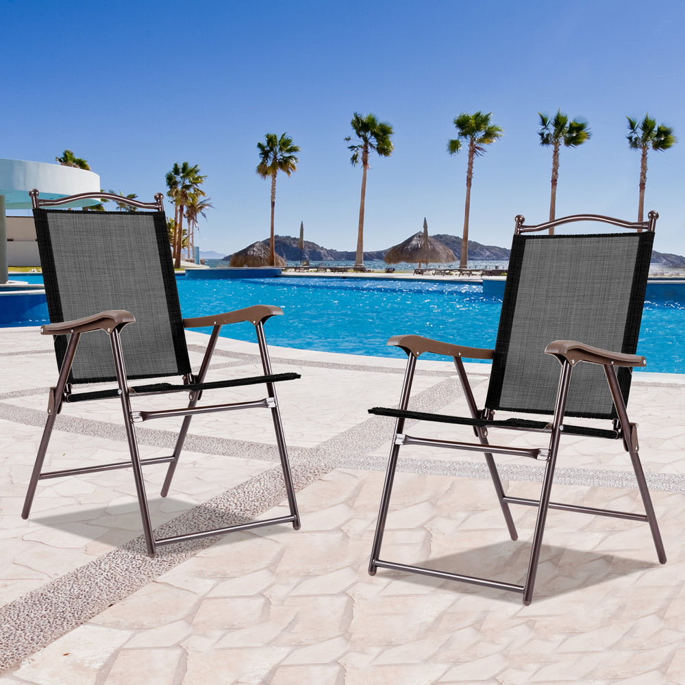 Set of 2 brown patio folding sling back chairs by the pool, featuring a durable steel frame and UV-resistant fabric.