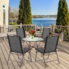 Set of 2 brown patio folding sling back chairs with a steel frame, perfect for outdoor relaxation on a deck.