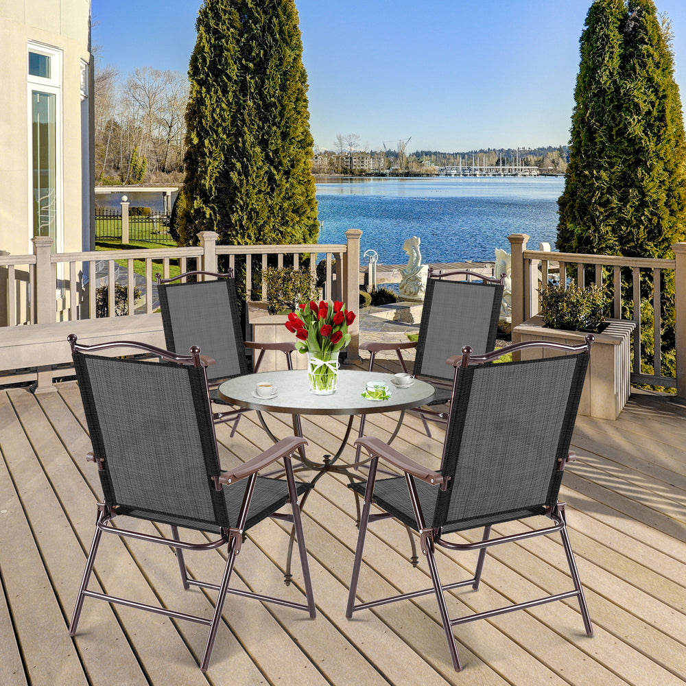 Set of 2 brown patio folding sling back chairs with a steel frame, perfect for outdoor relaxation on a deck.