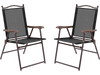 Set of 2 brown patio folding sling back chairs with durable steel frame, perfect for outdoor relaxation and camping.