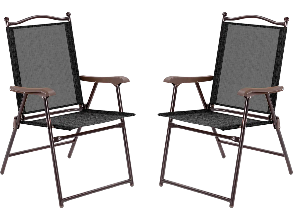Set of 2 brown patio folding sling back chairs with durable steel frame, perfect for outdoor relaxation and camping.