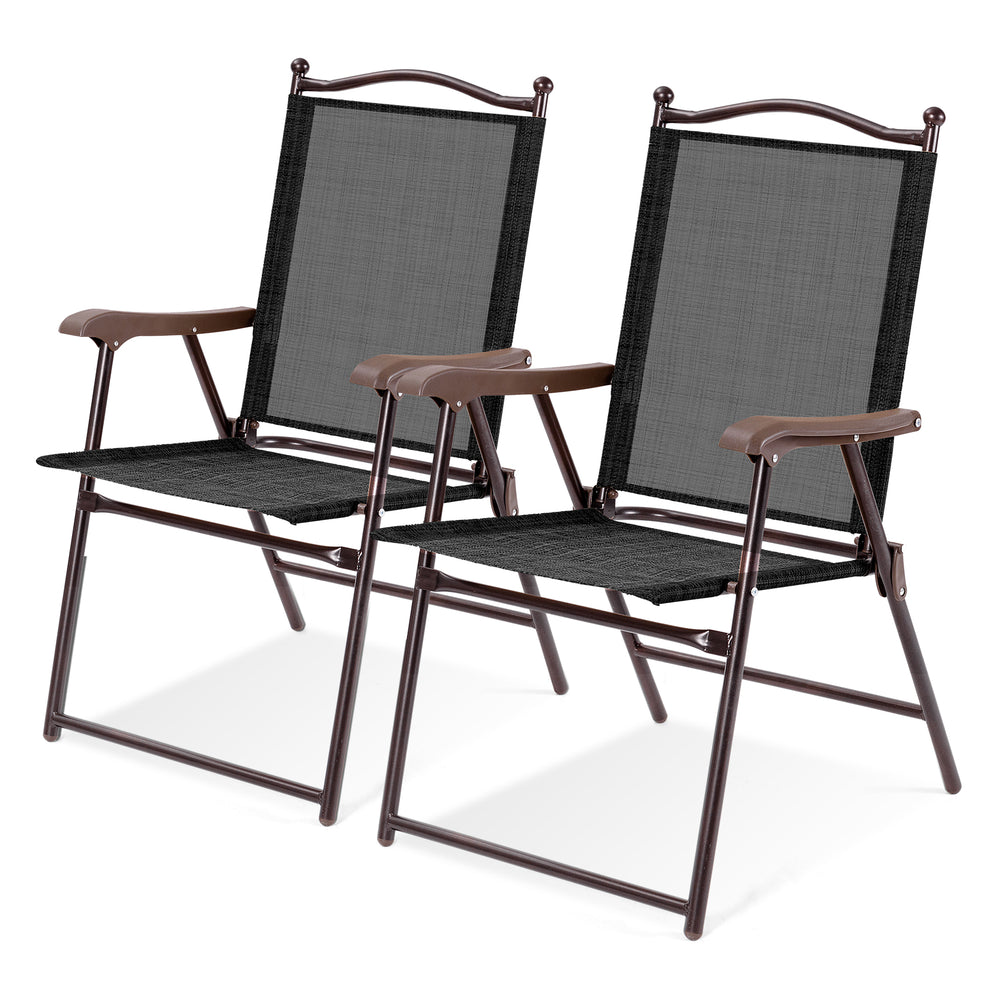 Set of 2 brown patio folding sling back chairs with steel frame, perfect for outdoor relaxation and camping trips.