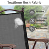 Close-up of Textilene mesh fabric on a brown folding patio chair, showcasing its breathable and durable design for.