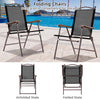Set of 2 brown patio folding chairs in unfolded and folded states, made of durable steel and textile fabric for outdoor.