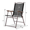 Brown folding sling back camping chair with steel frame, UV-resistant fabric, ideal for outdoor relaxation and storage.