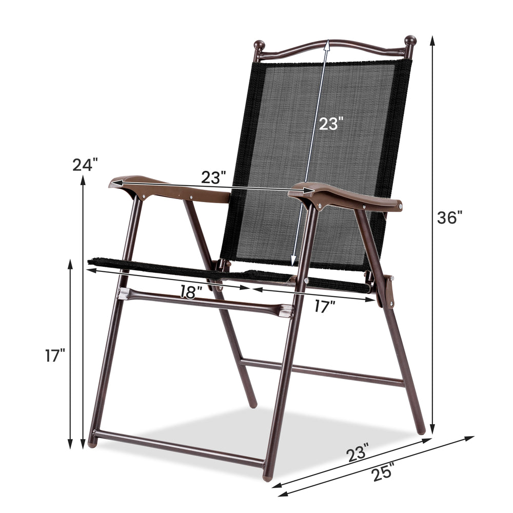 Brown folding sling back camping chair with steel frame, UV-resistant fabric, ideal for outdoor relaxation and storage.