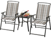 Set of 2 gray patio folding sling chairs with a small table, perfect for outdoor dining and relaxation.