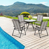 Set of 2 gray patio folding sling chairs with stable armrests, perfect for outdoor dining by the poolside.