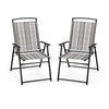 Set of 2 gray patio folding sling chairs with breathable fabric, perfect for outdoor dining and easy storage.