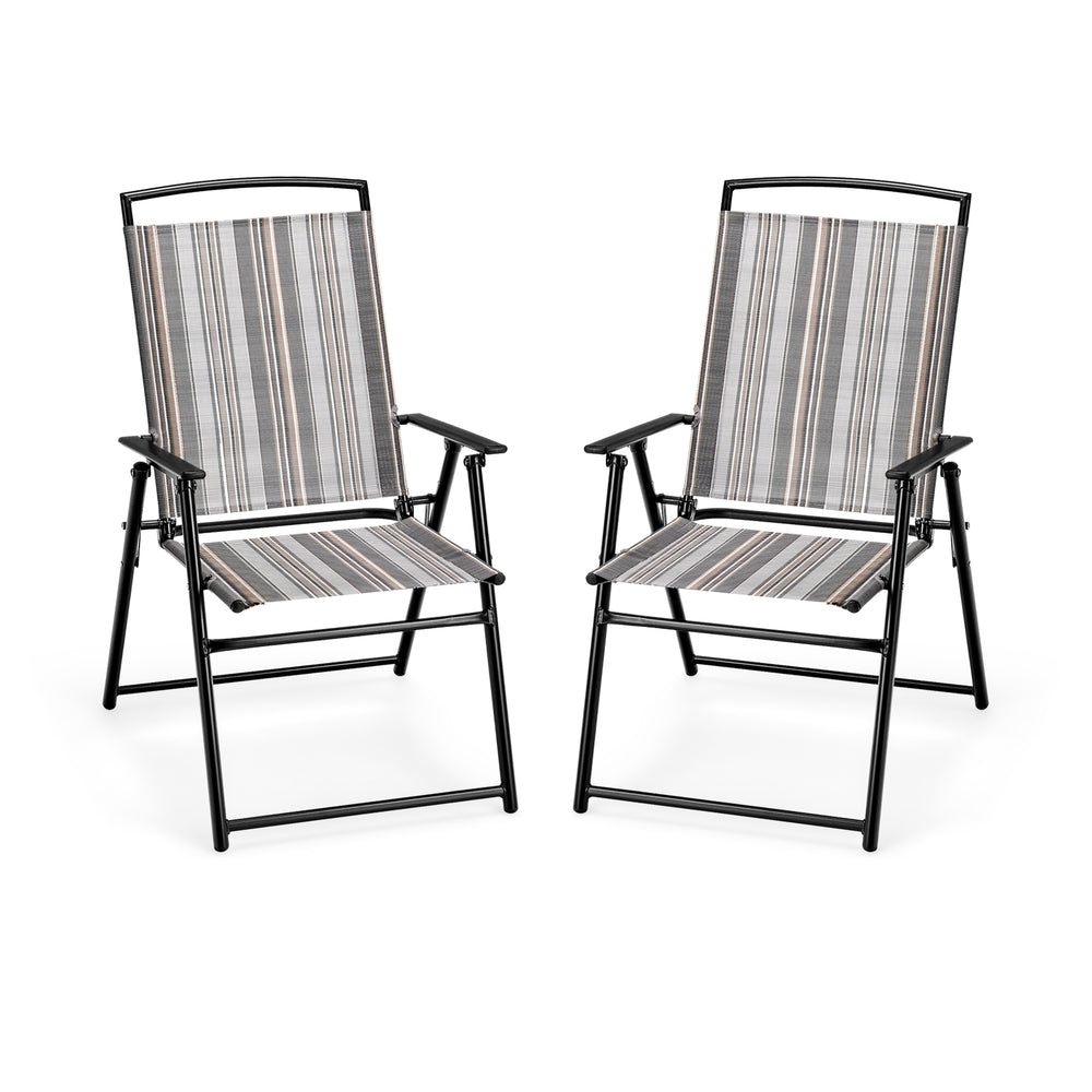 Set of 2 gray patio folding sling chairs with breathable fabric, perfect for outdoor dining and easy storage.