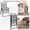 Gray patio folding sling chair with a space-saving design, featuring breathable fabric and sturdy armrests for outdoor.