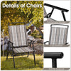 Set of 2 gray patio folding sling chairs with comfortable armrests and anti-slip footpads, perfect for outdoor dining.