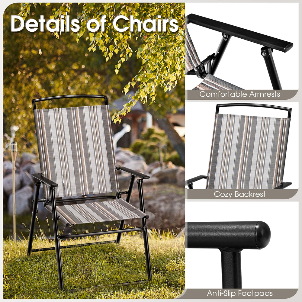 Set of 2 gray patio folding sling chairs with comfortable armrests and anti-slip footpads, perfect for outdoor dining.