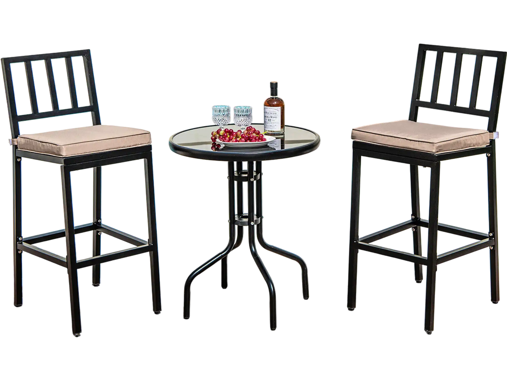 Set of 2 patio bar chairs with detachable cushions and footrests, perfect for outdoor dining by the pool.