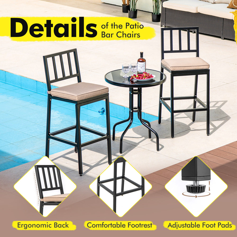 Set of 2 patio bar chairs with detachable cushions, featuring an ergonomic back and comfortable footrest for outdoor.