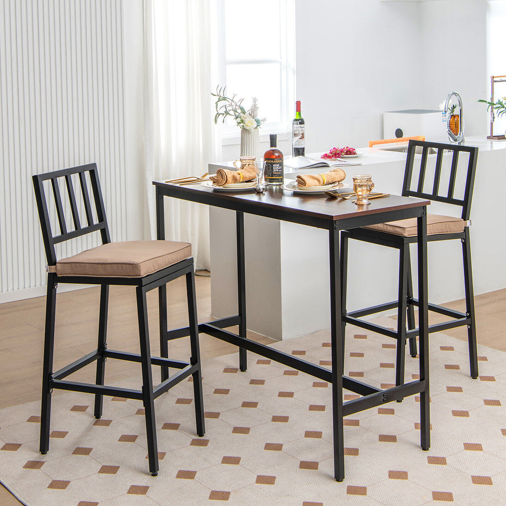 Set of 2 patio bar chairs with detachable cushions and footrests, featuring a stylish industrial design for indoor or.