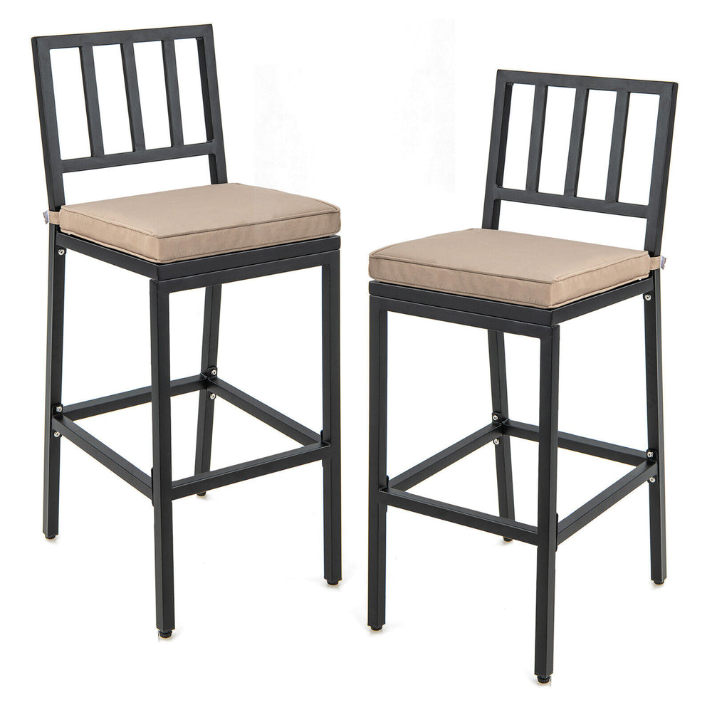 Set of 2 patio bar chairs with detachable cushions, metal frame, and footrests for indoor and outdoor use.