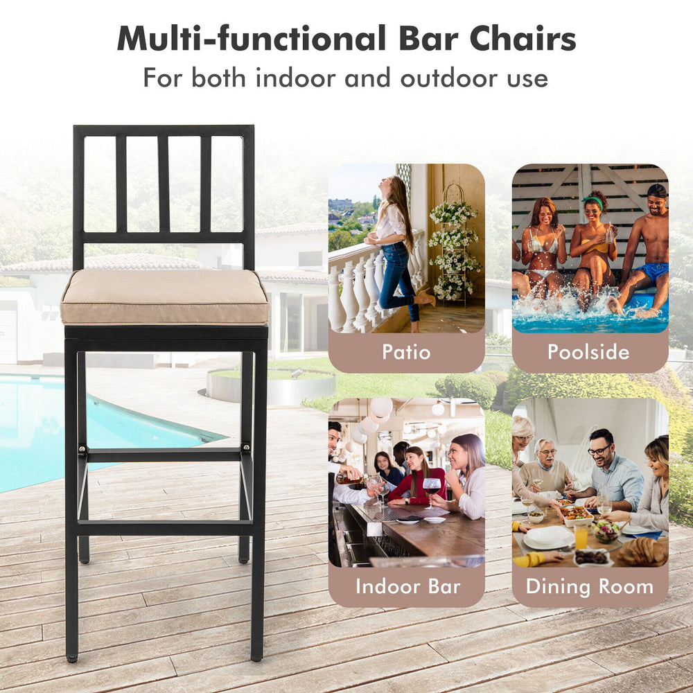 Patio bar chair with detachable cushion and footrest, featuring a stylish industrial design for indoor and outdoor use.