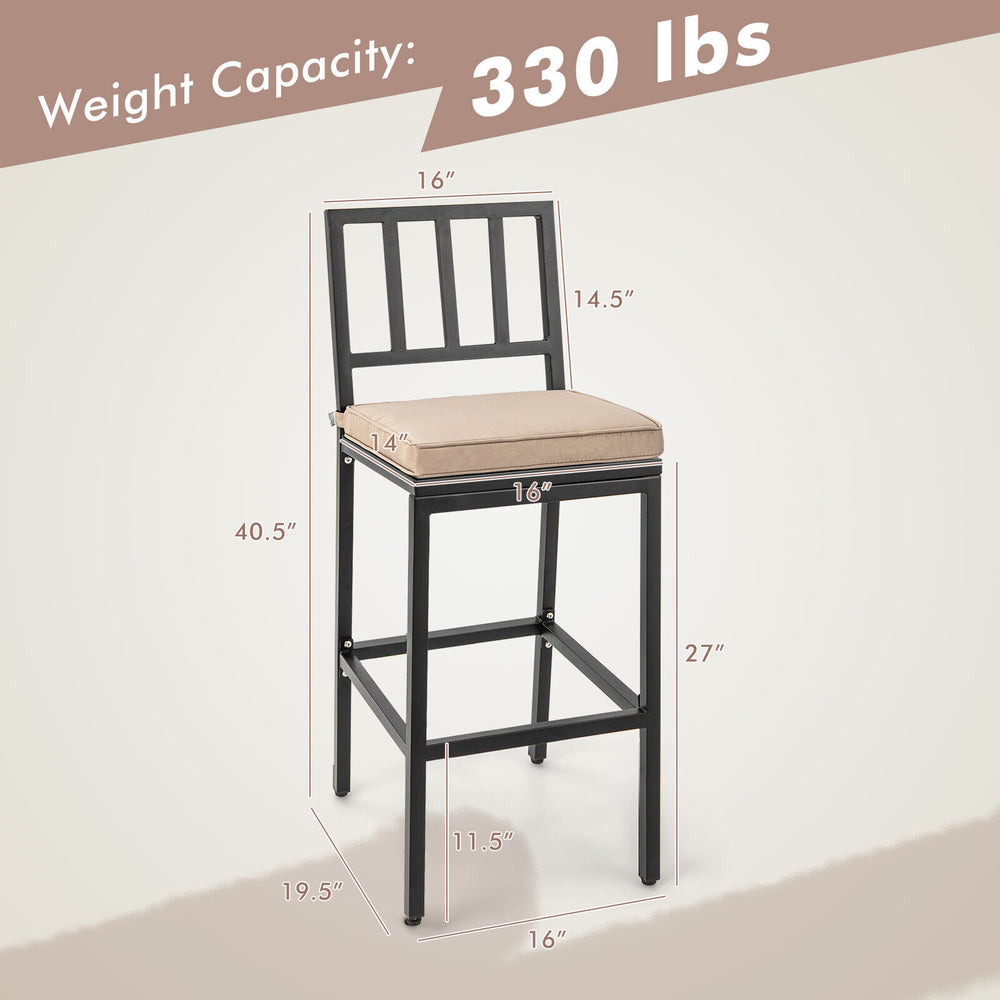 Patio bar chair with detachable cushion, industrial design, 330 lbs capacity, ideal for indoor and outdoor use.
