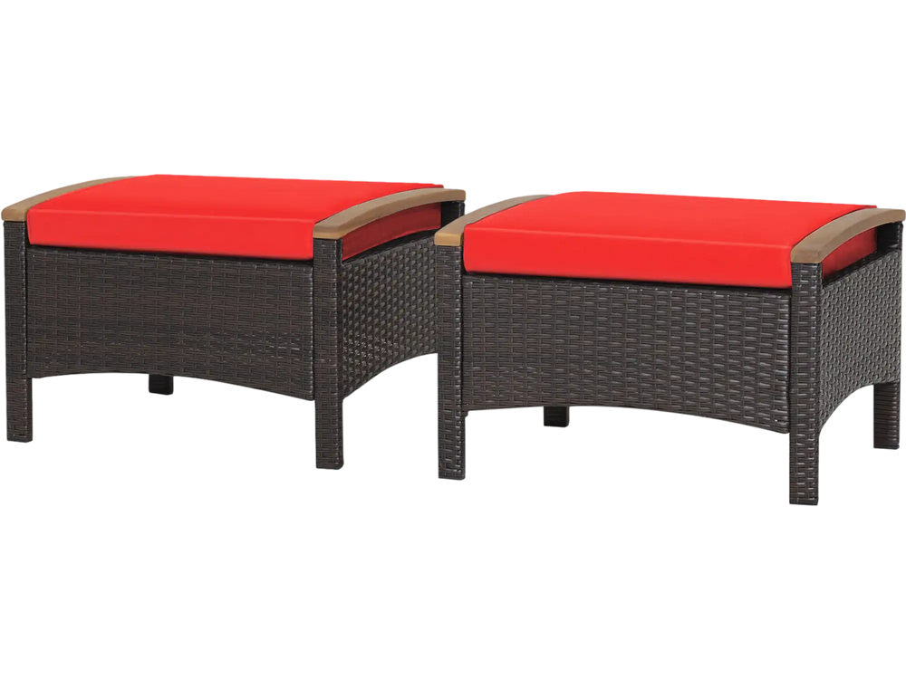 Set of 2 red cushioned wicker patio ottomans with acacia wood handles for versatile outdoor seating and side table use.