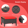 Red cushion wicker patio ottoman with sturdy PE wicker, rustproof frame, and anti-slip foot pads for outdoor use.