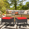 Set of 2 red cushion wicker patio ottomans with sturdy steel frame, ideal for outdoor seating or side tables.