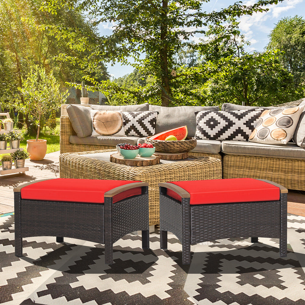 Set of 2 red cushion wicker patio ottomans with sturdy steel frame, ideal for outdoor seating or side tables.