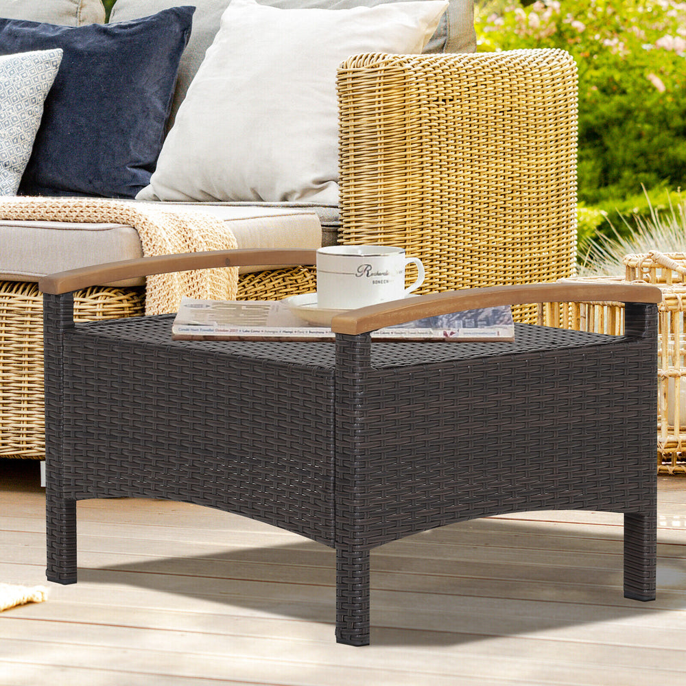 Wicker patio ottoman in mix brown PE wicker with acacia wood handles, ideal for outdoor seating or side table use.