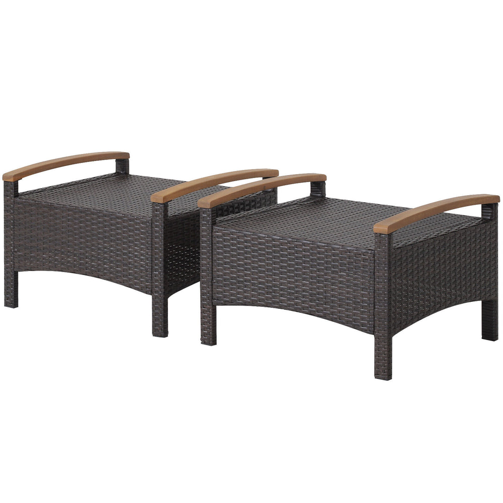 Set of 2 fade-resistant wicker patio ottomans with acacia wood handles, ideal for outdoor seating or side tables.