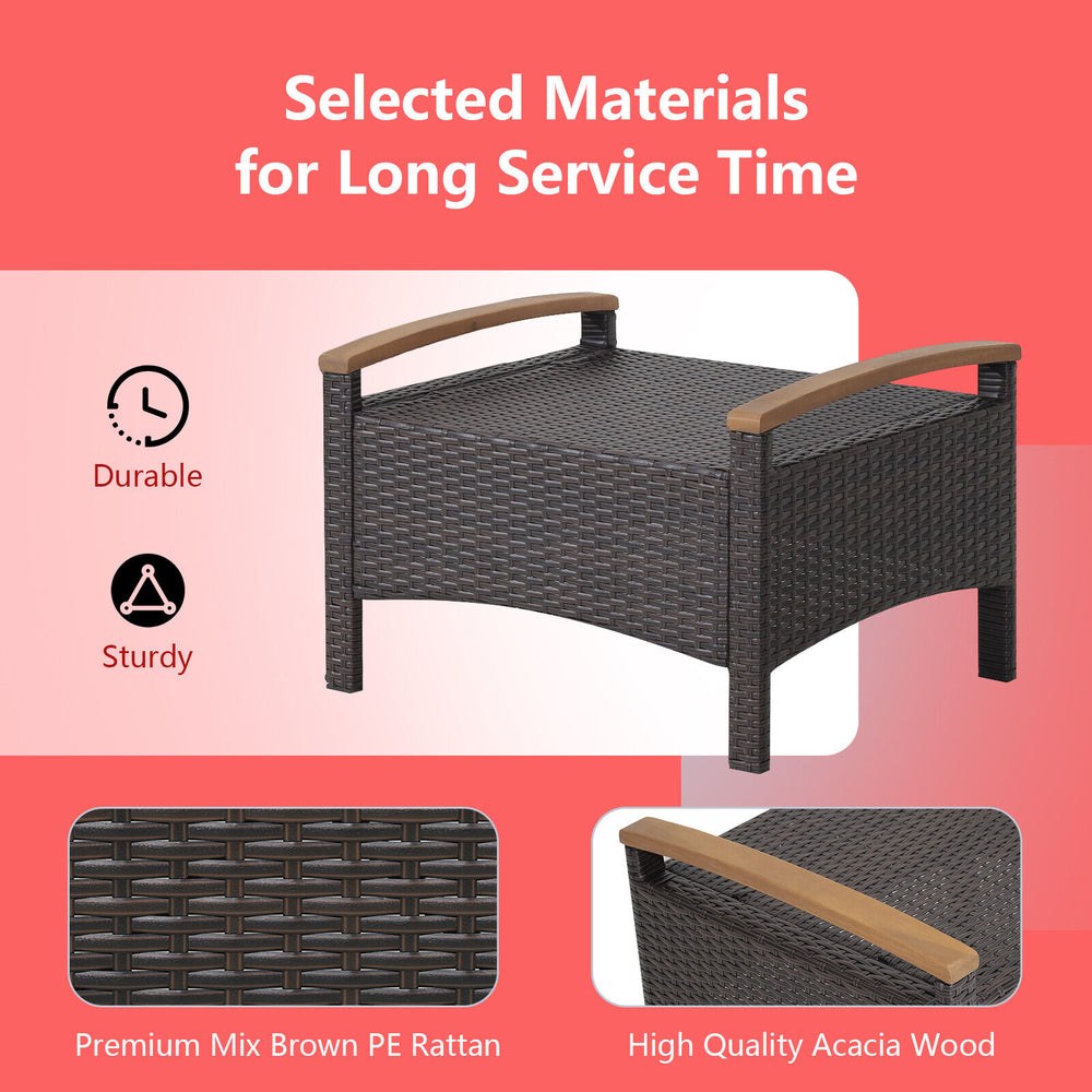 Wicker patio ottoman with mix brown PE rattan and acacia wood handles, ideal for outdoor seating and side table use.