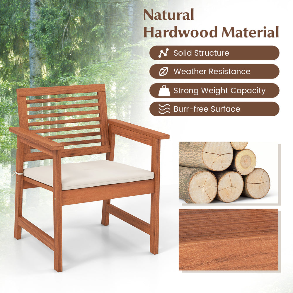 Solid wood dining chair with slatted seat and cushion, designed for outdoor use in backyard or poolside settings.