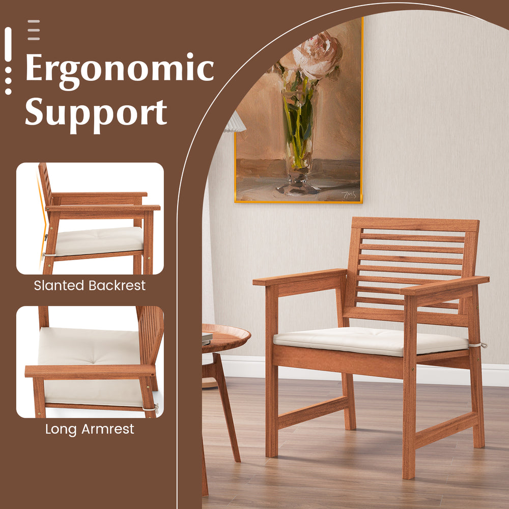 Solid wood dining chair with slatted seat and cushion, offering ergonomic support for backyard or balcony use.