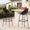 Set of 2 brown patio swivel bar stools with hand-woven PE rattan seats, ideal for garden or poolside use.