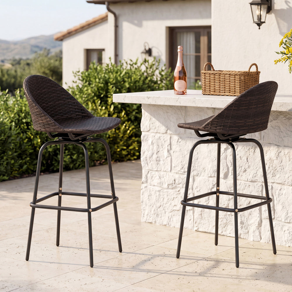 Set of 2 brown patio swivel bar stools with hand-woven PE rattan seats, ideal for garden or poolside use.
