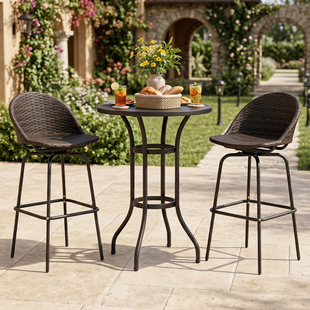 Set of 2 brown patio swivel bar stools with hand-woven rattan seats, perfect for outdoor garden and poolside use.
