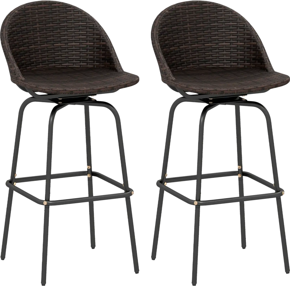 Set of 2 brown patio swivel bar stools with hand-woven PE rattan seats, ideal for garden and outdoor use.