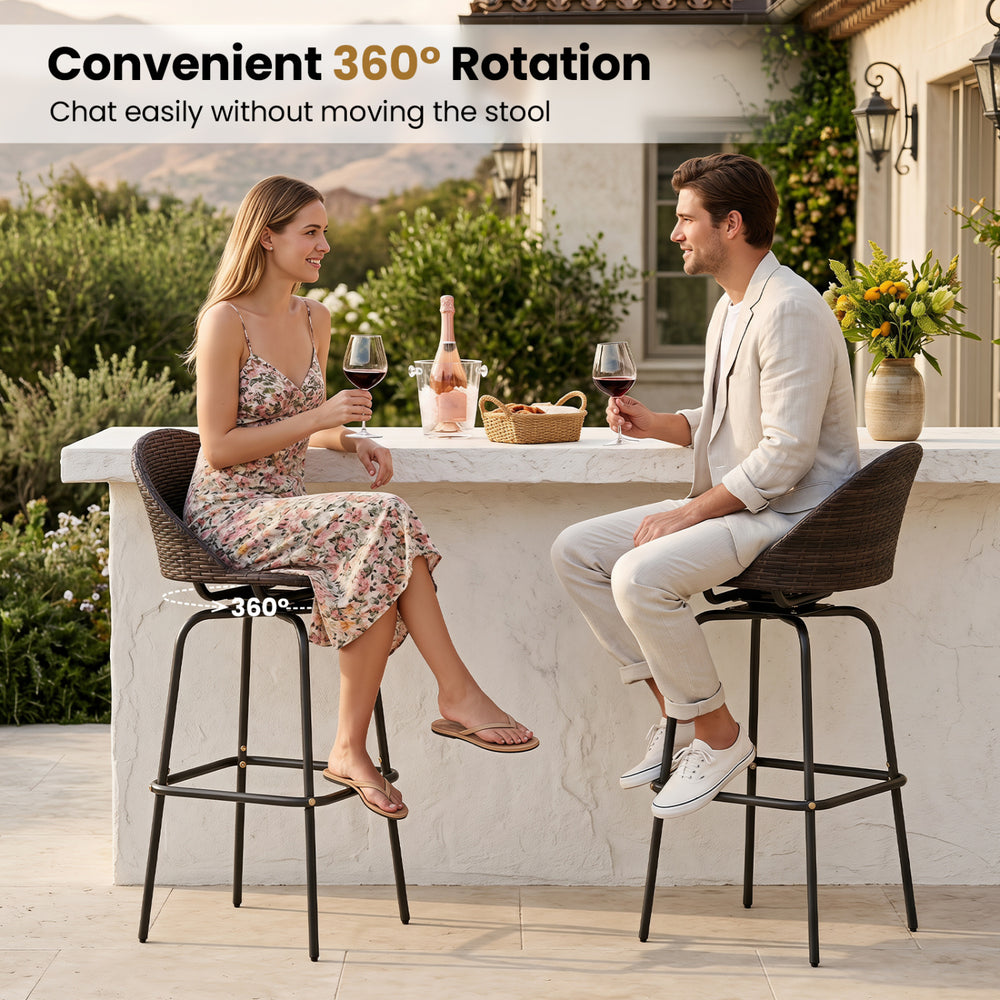 Set of 2 brown patio swivel bar stools with hand-woven PE rattan seats, ideal for outdoor garden or balcony use.