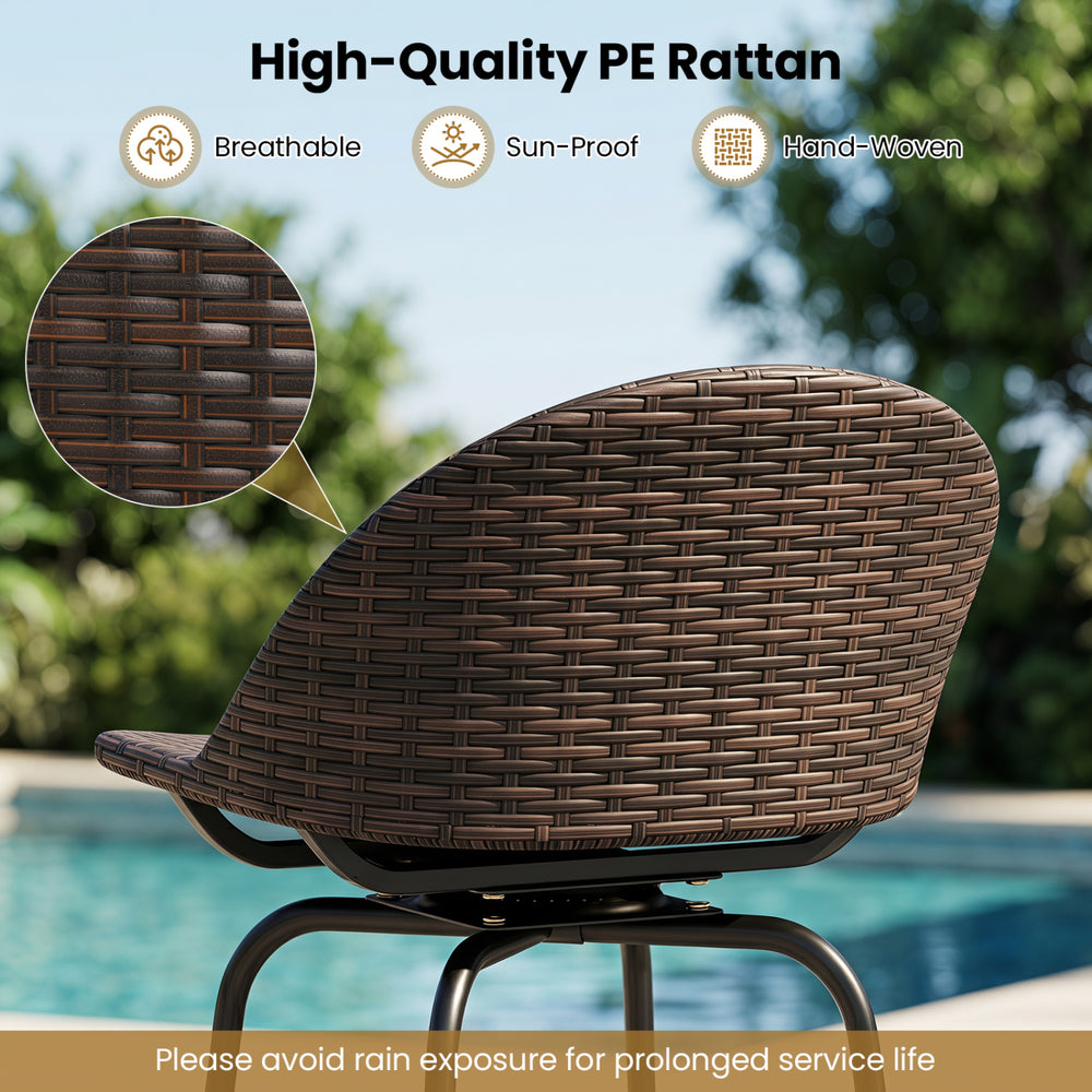 Patio swivel bar stool featuring hand-woven PE rattan seat, 360° rotation, and sturdy metal construction for outdoor use.