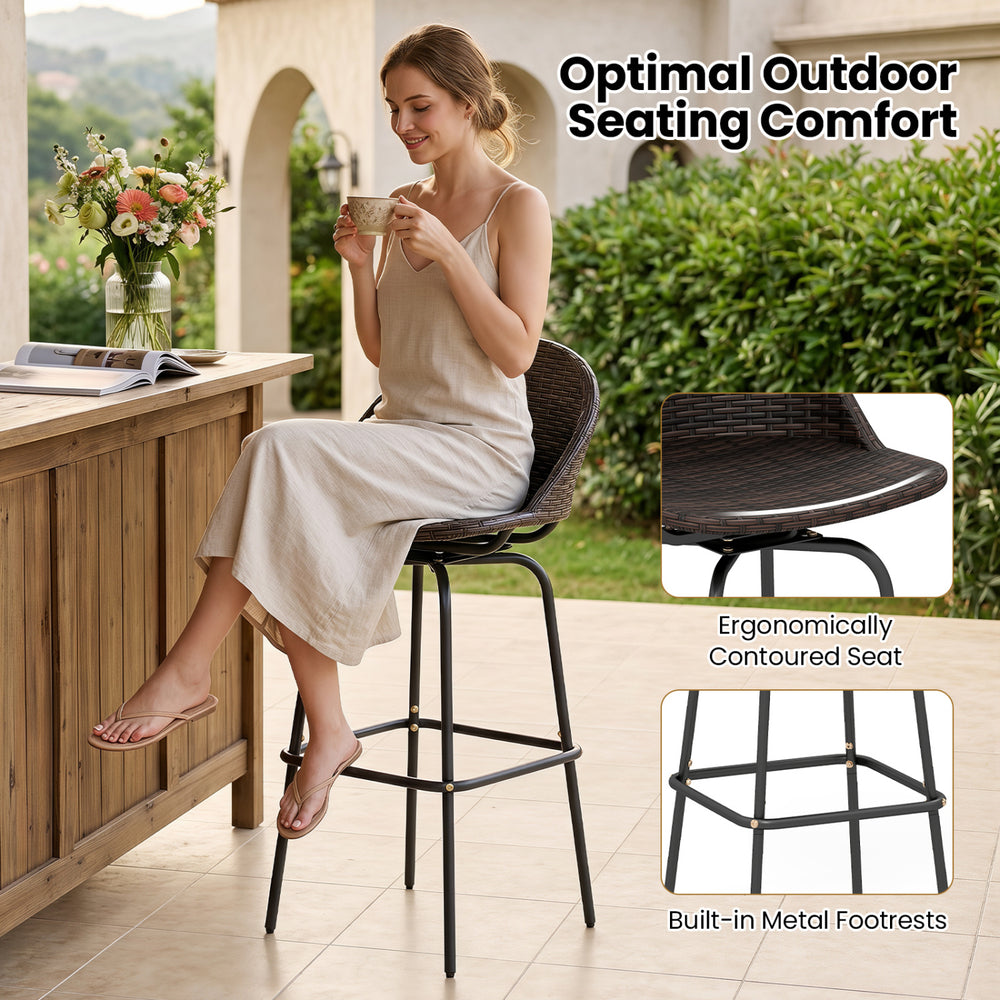 Patio swivel bar stool with a hand-woven PE rattan seat and built-in footrests, ideal for outdoor garden seating.
