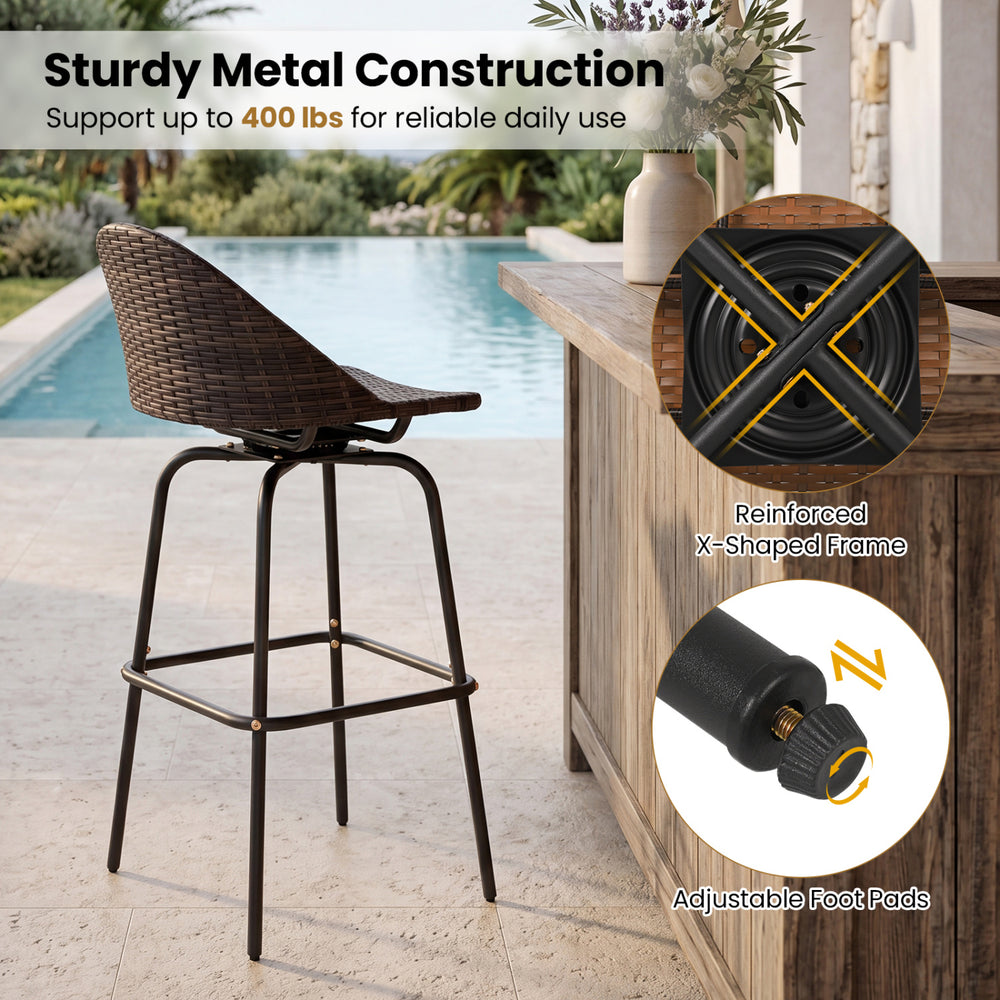 Brown patio swivel bar stool with hand-woven PE rattan seat, sturdy metal frame, and 360° rotation for outdoor comfort.