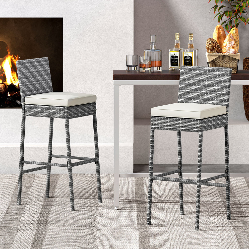 Set of 2/4 Patio Wicker Barstools with Soft Seat Cushion and Cozy Footrest-Set of 2 - Gallery View 1 of 7