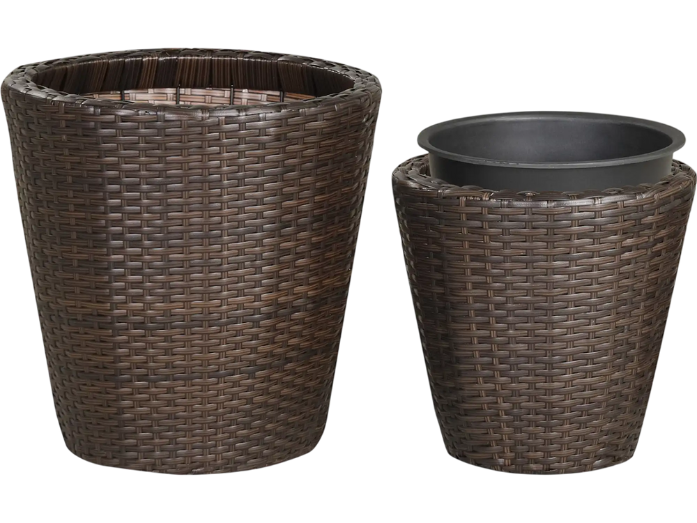 Brown tapered plastic rattan planter set includes a small planter for versatile decoration and a tall planter for larger plants.