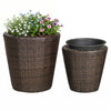 Brown tapered plastic rattan planter set includes a tall planter for vibrant flowers and a small planter for versatile decoration.
