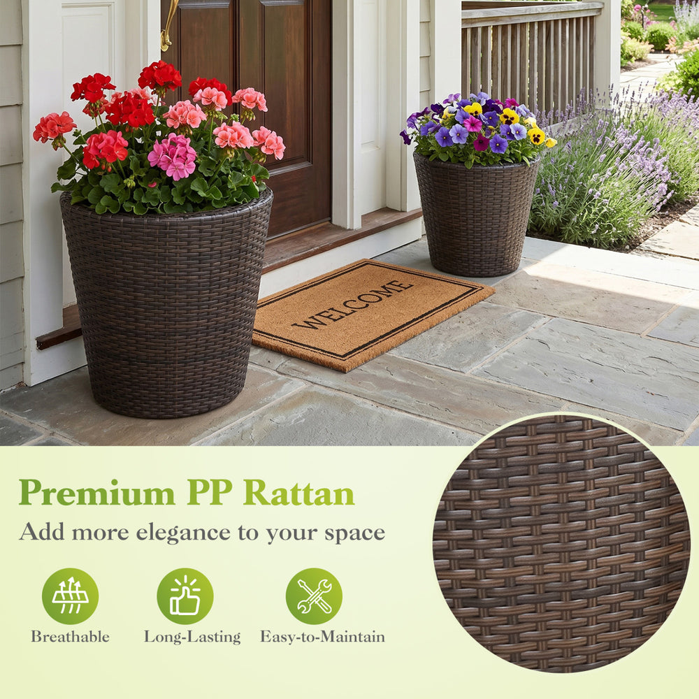 Set of 2 brown tapered plastic rattan planters with drainage holes, suitable for indoor and outdoor use.