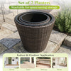 Set of 2 brown plastic tapered rattan planters with drainage holes, stackable for convenient indoor and outdoor use.