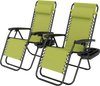 Set of 2 portable zero gravity chairs in gray with adjustable backrests and cup holder trays for outdoor relaxation.
